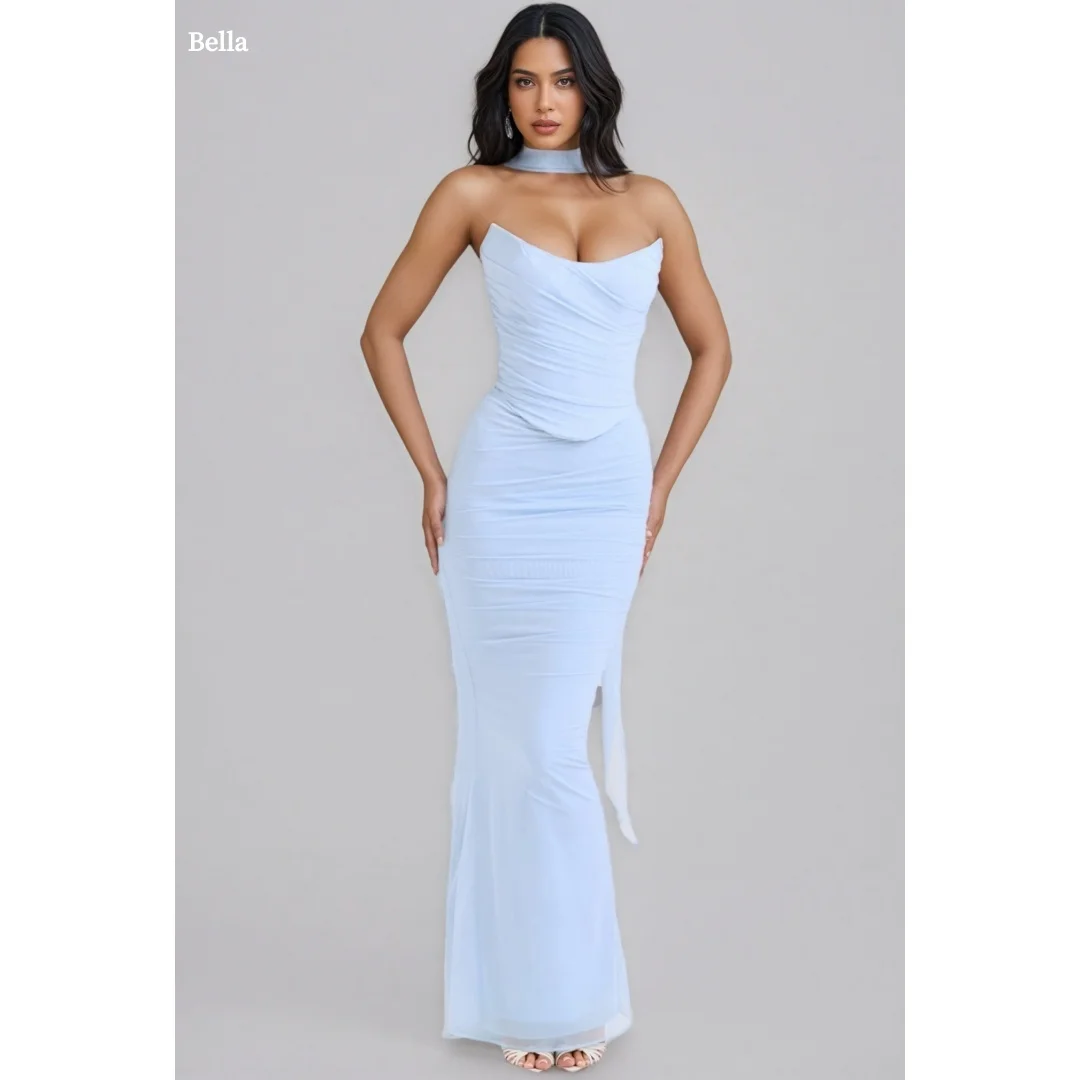 

Bella Customized Sky Blue Strapless Ruched Prom Dress Mermaid Tulle Gown with Choker Robes de soirée Elegant Floor Length 2026