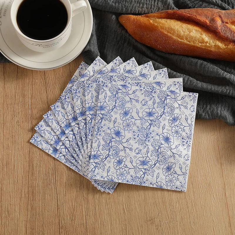 20Pcs Chinese Blue Flower Printed Paper Napkins, Disposable 2 Layer Paper Napkins for Party Hotel Dinner Table DIY Decor