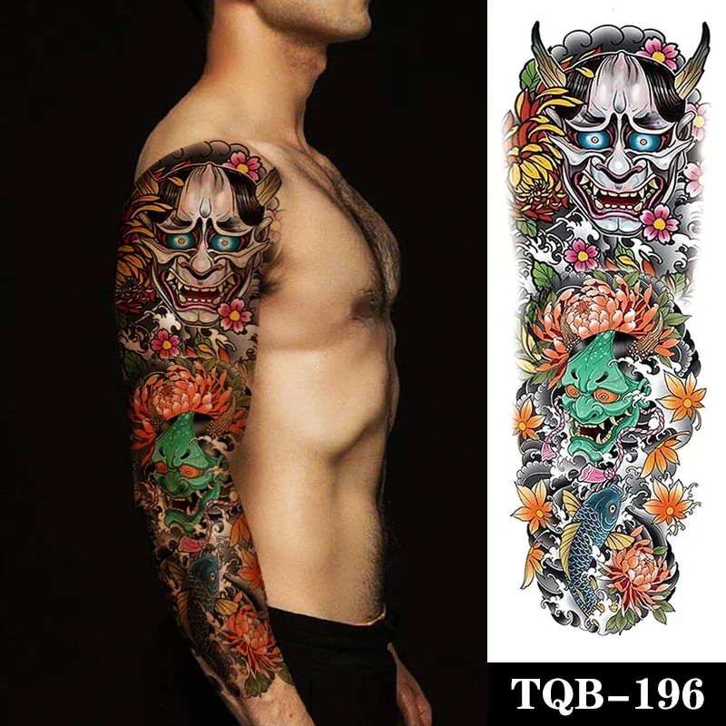 

Full Arm Tattoo Japanese Prajna Carp Flowers Religion Totem Waterproof Temporary Tatto Sticker God Body Art Fake Tatoo Women Men