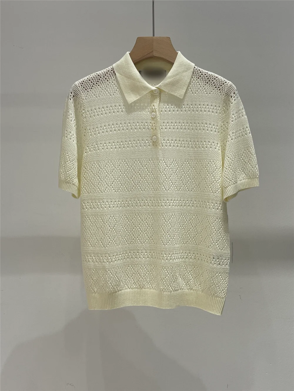 Summer New Women's Collared OPenwork Cotton-Linen Blend Short-Sleeve Knit Top