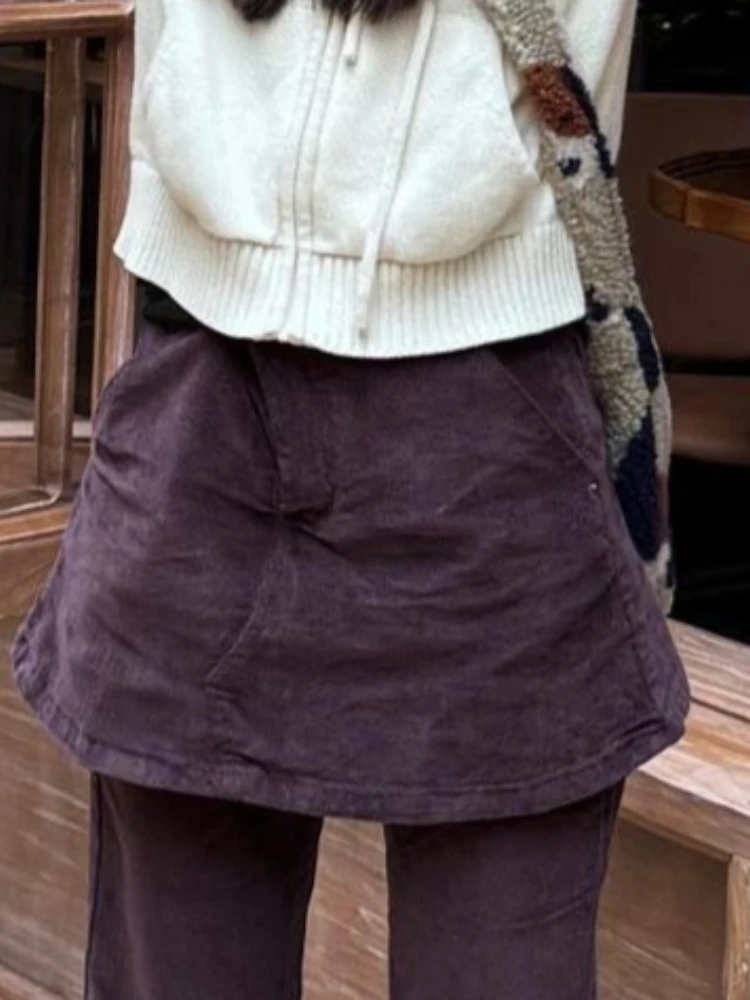 Y2k Fake 2 Pieces Woman Pants Solid Spring Autumn Streetwear Pantalones Mujer Corduroy Vintage Korean Fashion Trousers