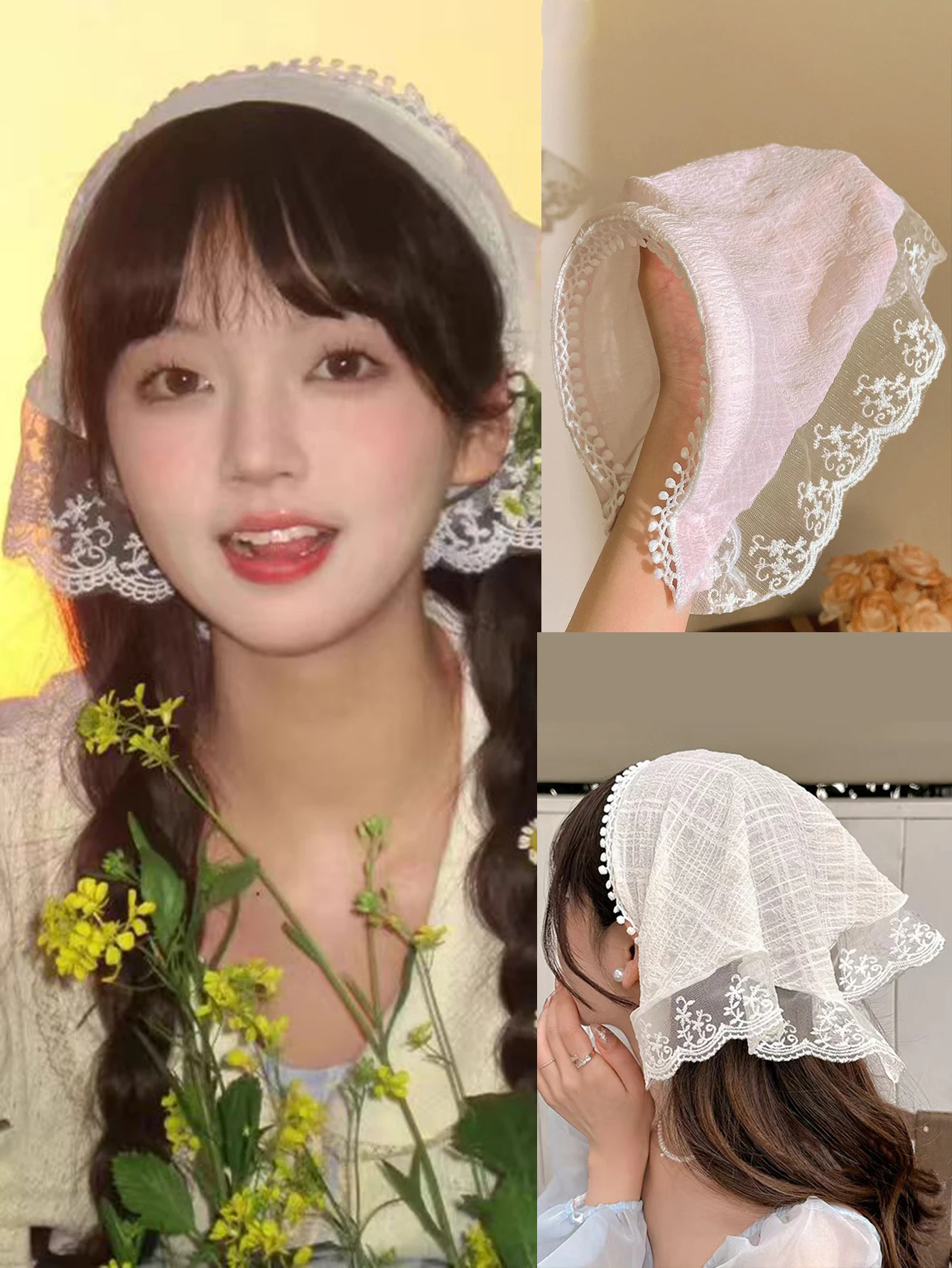 2 French-Style Lace Headscarves for Women, Vintage Floral Embroidered Lace Headwrap, Pastoral Photo Shoot, Picnic Photography, Bridal Veil Hair Accessory