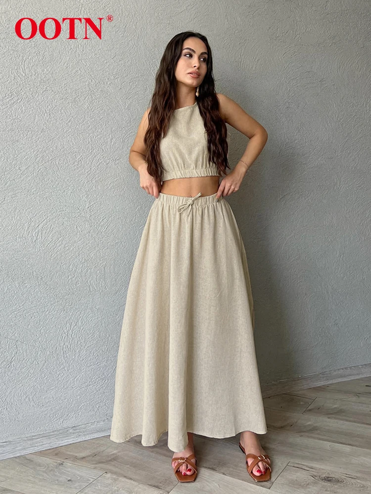 OOTN setelan rok Linen katun Khaki 2 potong pakaian liburan Wanita Musim Panas 2024 rompi potong rok A-Line set kasual wanita