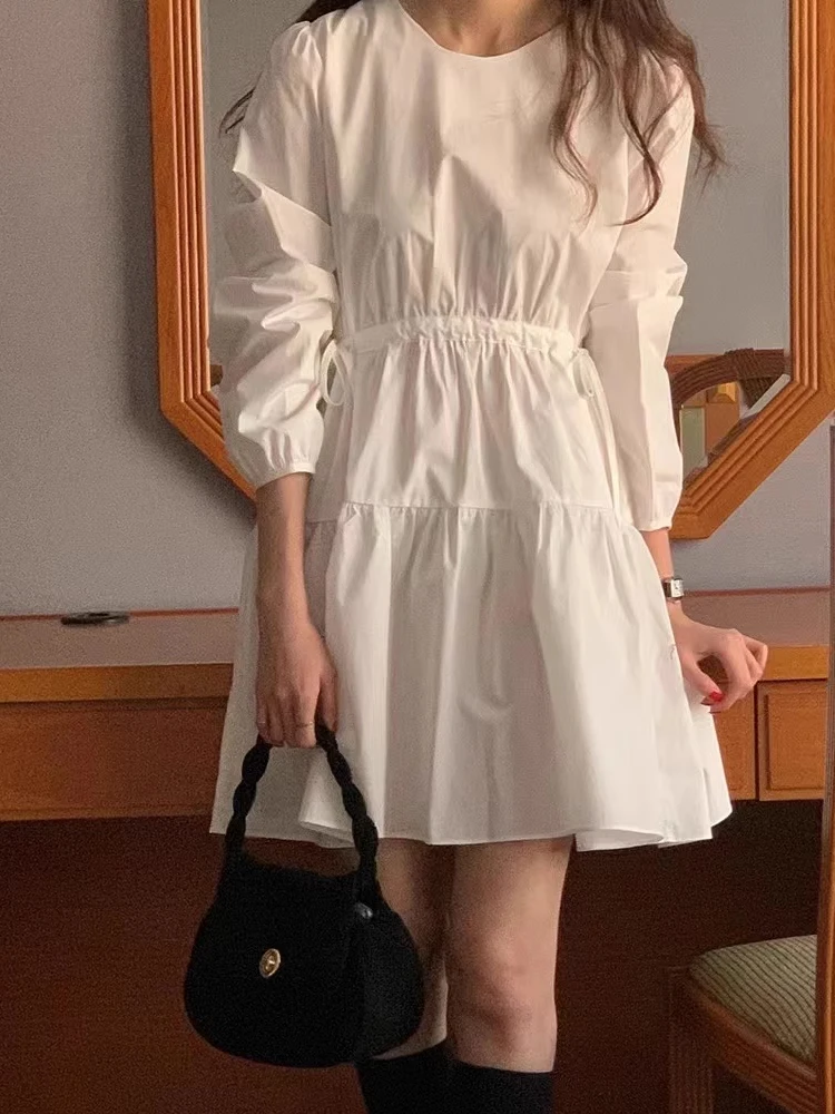 

White Chic Loose Cake Skirt Dr Women's Spring New Sle Long Sve Waist Cinching ort Dr Korean Sle round Ne A-L...