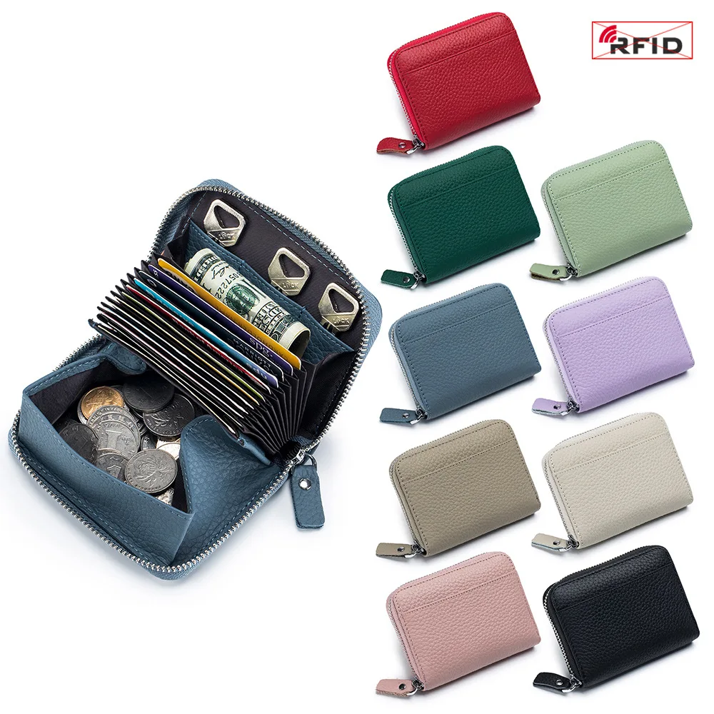 Genuine Leather Short Wallet RFID ID Bank Credit Organ Card Holder Cowhide Mini Coin Purse Bag Clutch Key Pouch For Men Women