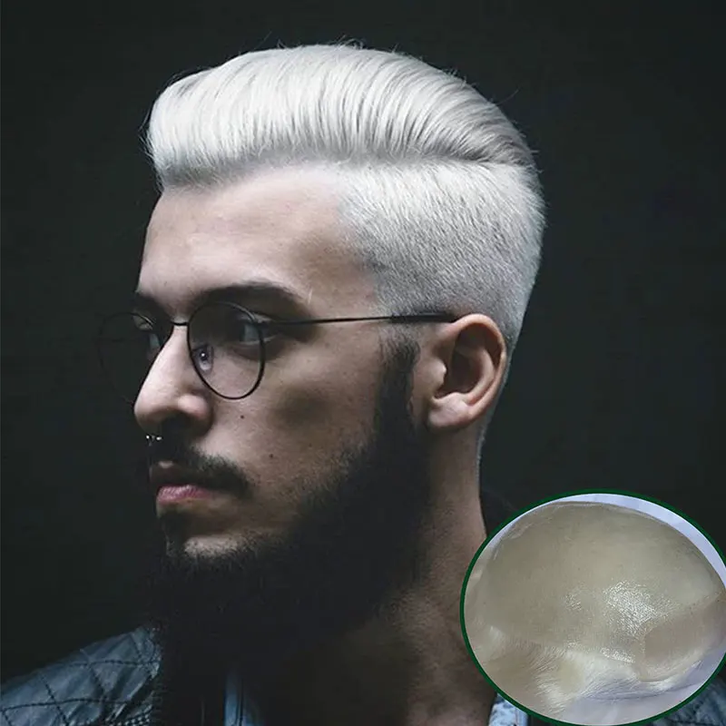 Tupé de piel sintética para hombres con Franch Lace Frontal, reemplazo de cabello para hombres, postizo para hombres, Color blanco, cabello humano,