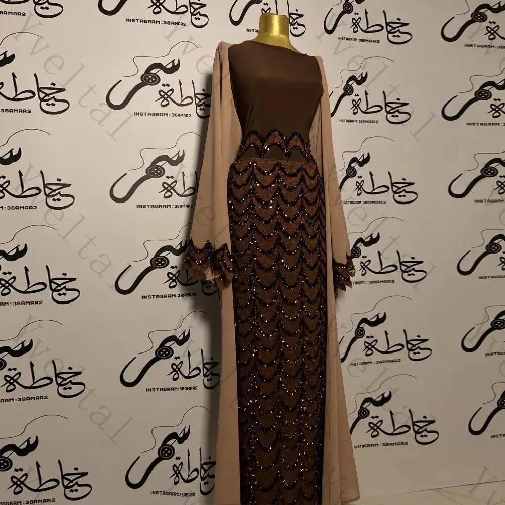 Customized Brown One-Shoulder Capelet Sequin Prom Dress, Slim Fit Floor-Length Gown with Glittering Details for Formal Party