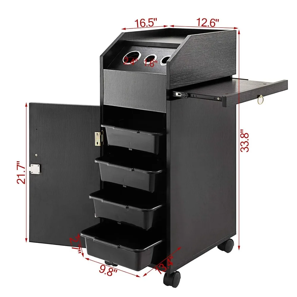 Salon SPA Beauty Salon Trolley Storage Cart with 4 Drawers, Rollers, Lockable, 2 Keys, with Hair Dryer Holder