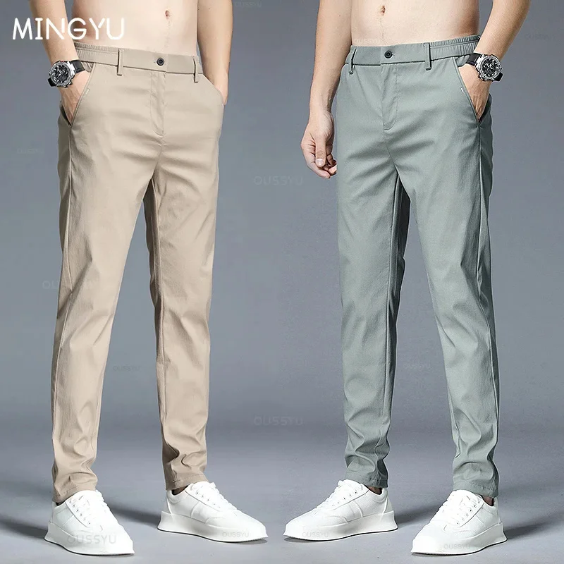 سراويل رجالية مطاطية قطنية رقيقة ، تناسب الجسم ، خصر مرن ، عمل ، كلاسيكي ، سراويل كورية ، كاكي للذكور ، أسود ، أخضر 28-38 ، الصيف