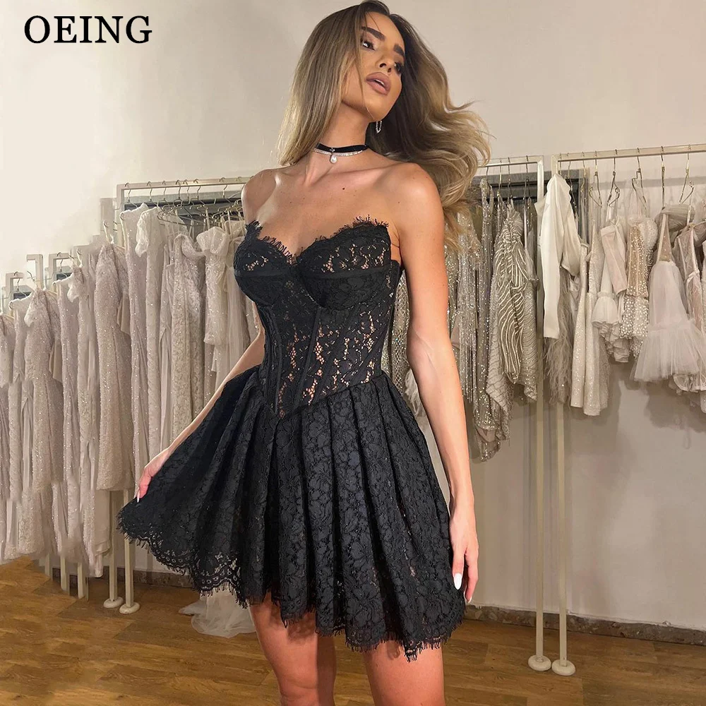 OEING Sexy Black Short Lace Prom Dresses Sweetheart Strapless Mini Fashion Women Cocktail Dress Night Event Gowns Evening