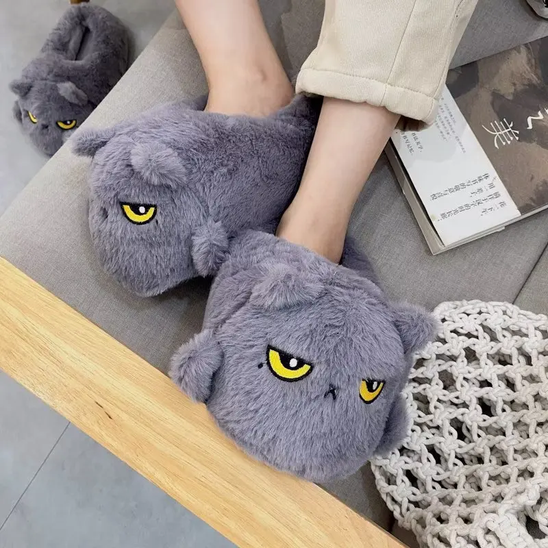 Cute Cartoon Cat Indoor Fluffy Slippers For Women Men Funny House Shoes Warm Faux Fur Anti-slip Couples Winter Home Cotton Shoe view 3