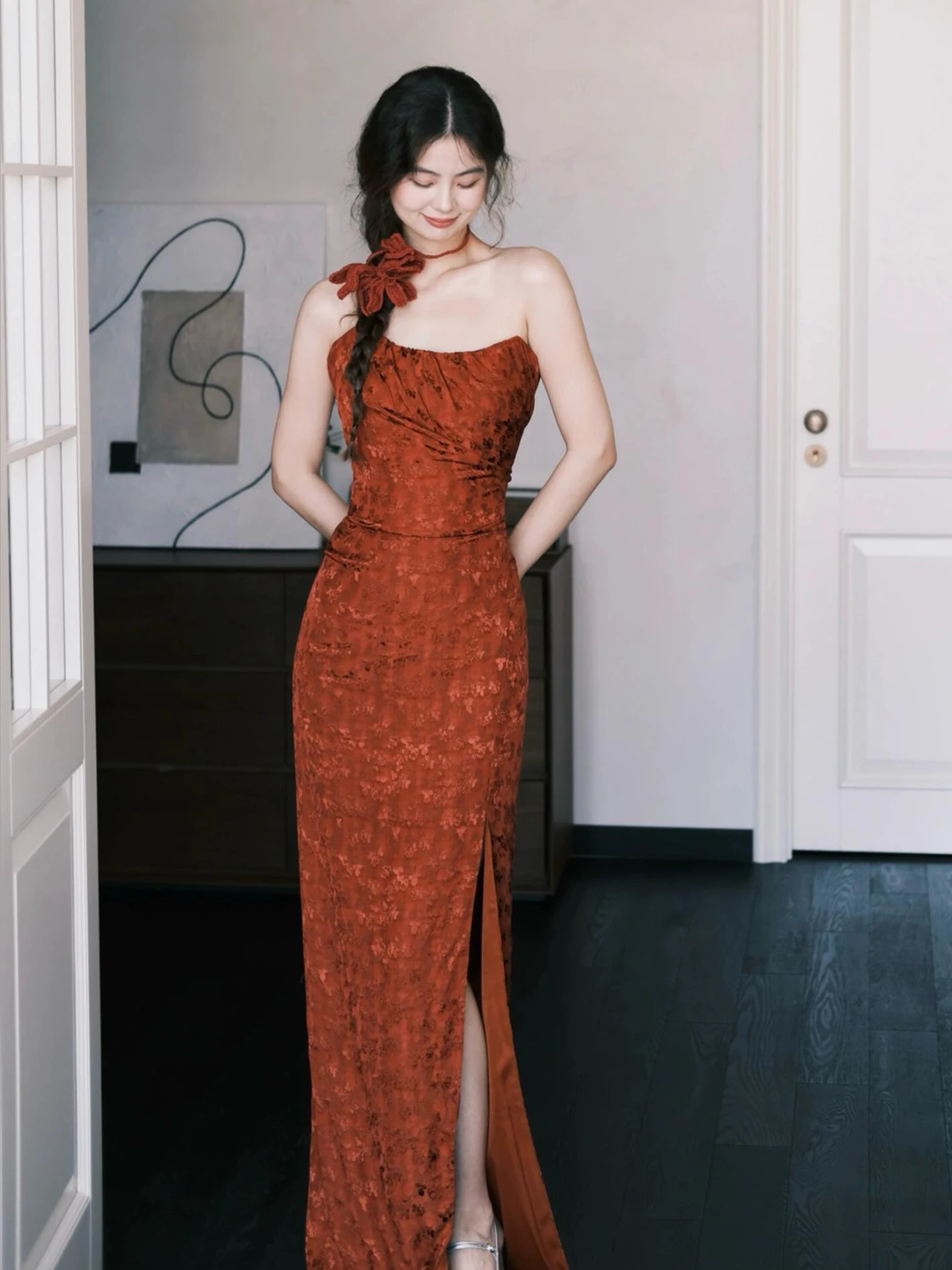 

Красное свадебное платье в новом китайском стиле, утренний халат, элегантная повседневная одежда для невесты на день свадьбы, для церемонии возвращения домой после помолвки