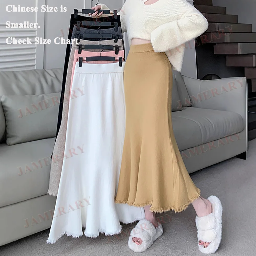 

Трикотажная длинная юбка трапециевидной формы с кисточками, женские осенне-зимние юбки-миди с русалкой, трикотаж