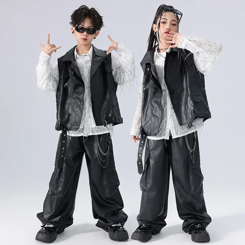 Children Hip Hop Jazz Fashion Show Dance Performance Clothes Boy Gilr Loose Leather Vest Pant Shirt Suits Sets Kids Tracksuits