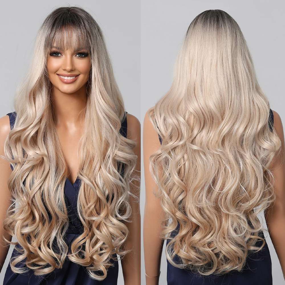 Long Body Wave Synthetic Wigs Blonde Platinum Mixed Ombre Wig Dark Root Loose Wave Hair for Women 30 inches Wavy Wigs Daily Use