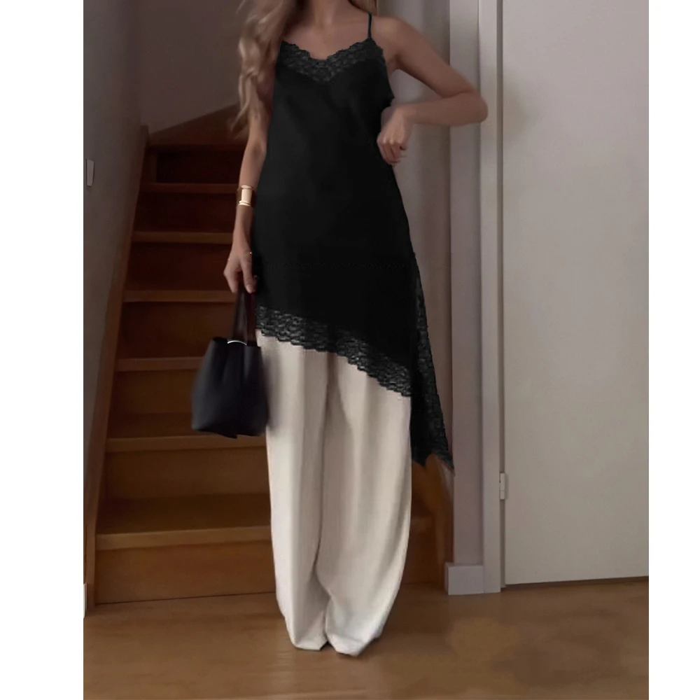 Sexy Satin Lace Splicing Sling Dress for Women Elegant Irregular Hem V Neck Sleeveless Backless Lady Chic Party Club Vestidos