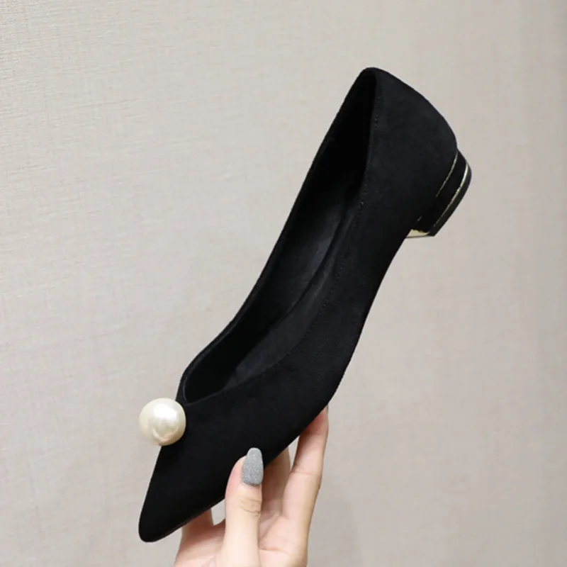 Women Pearl Pointed Toe Flats Elegant Black Wedding Party Shoes Spring Summer Fashion Designer Women Single Shoes
