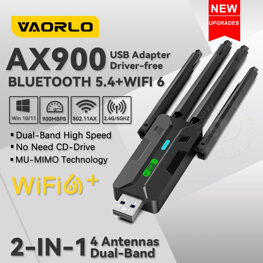 

Беспроводной двухдиапазонный USB-адаптер WIFI6 AX900 Bluetooth 5.4 (2.4G+5G) с 4 антеннами, высокоскоростной беспроводной сетевой адаптер 900 Мбит/с 802.11AX для Windows 10/11, без драйверов,