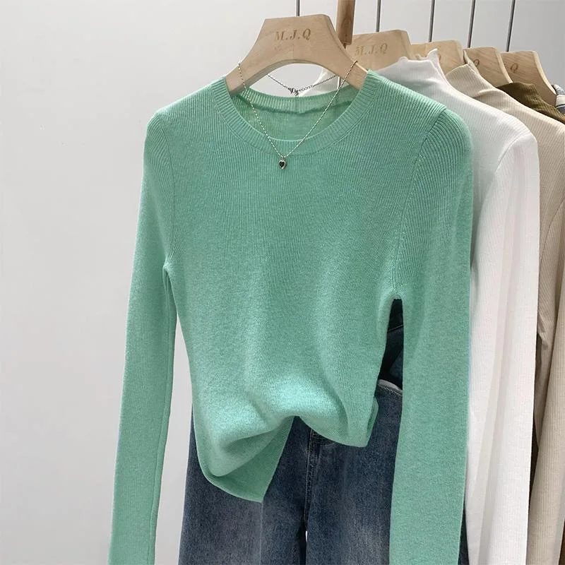 Mint Green T-shirts Women Long Sleeve Slim O-neck Korean Style Simple Solid Color Spring Ins Sweet Leisure Basic Fashion