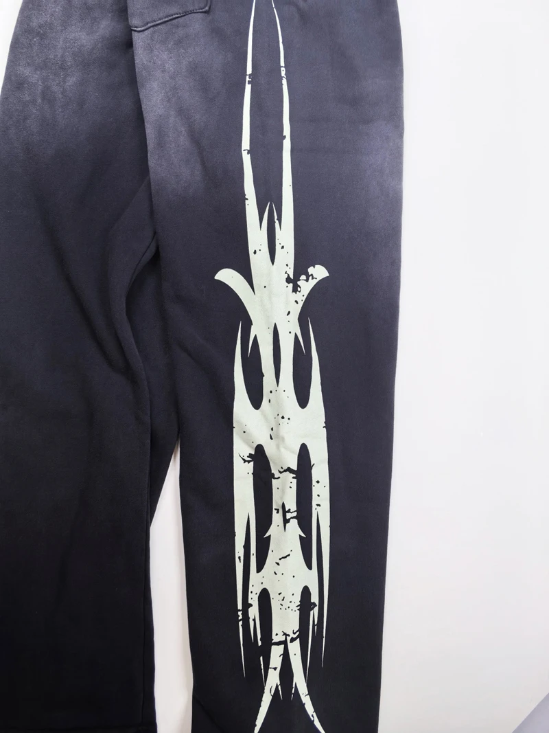 Streetwear Trendy Retro Washed Black Sweatpants High Quality Loose Pattern Printed Casual Pants