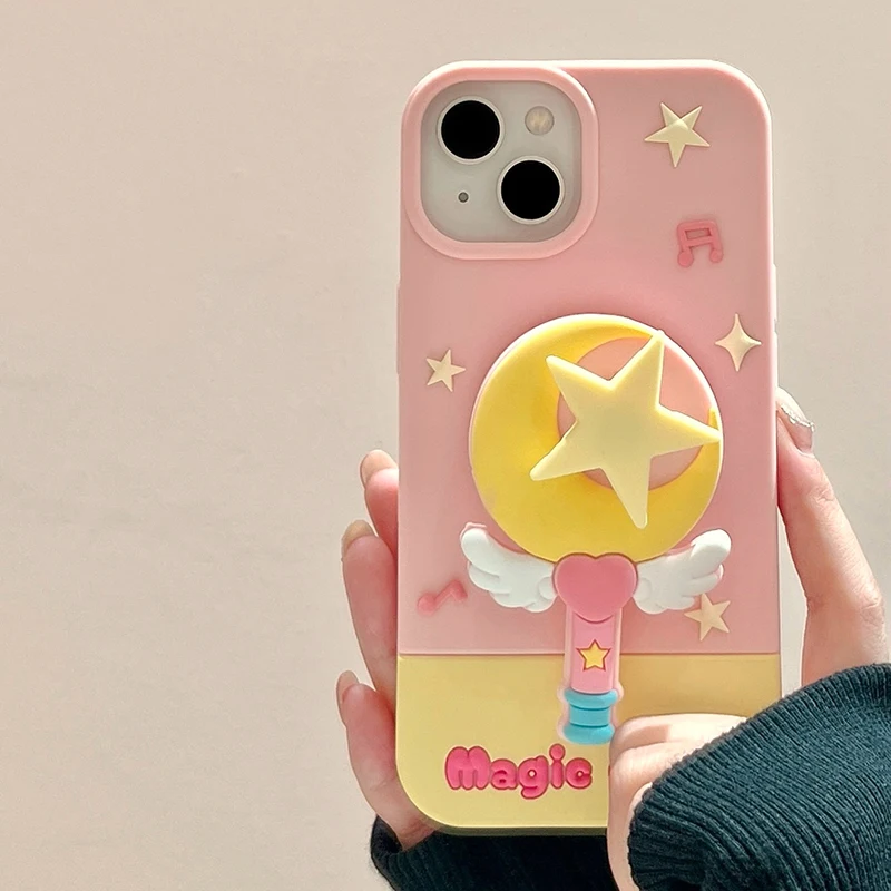 

Fashion Moon Star Magic Wand Holder Stand Silicone Phone Case For iPhone 16 Pro Max 15 13 14 Cartoon Back Cover With Bracket