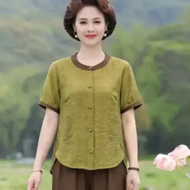 

Women's Mom Casual Blouse Middle-aged Summer Thin Short Sleeve Button-down Top Plus Size