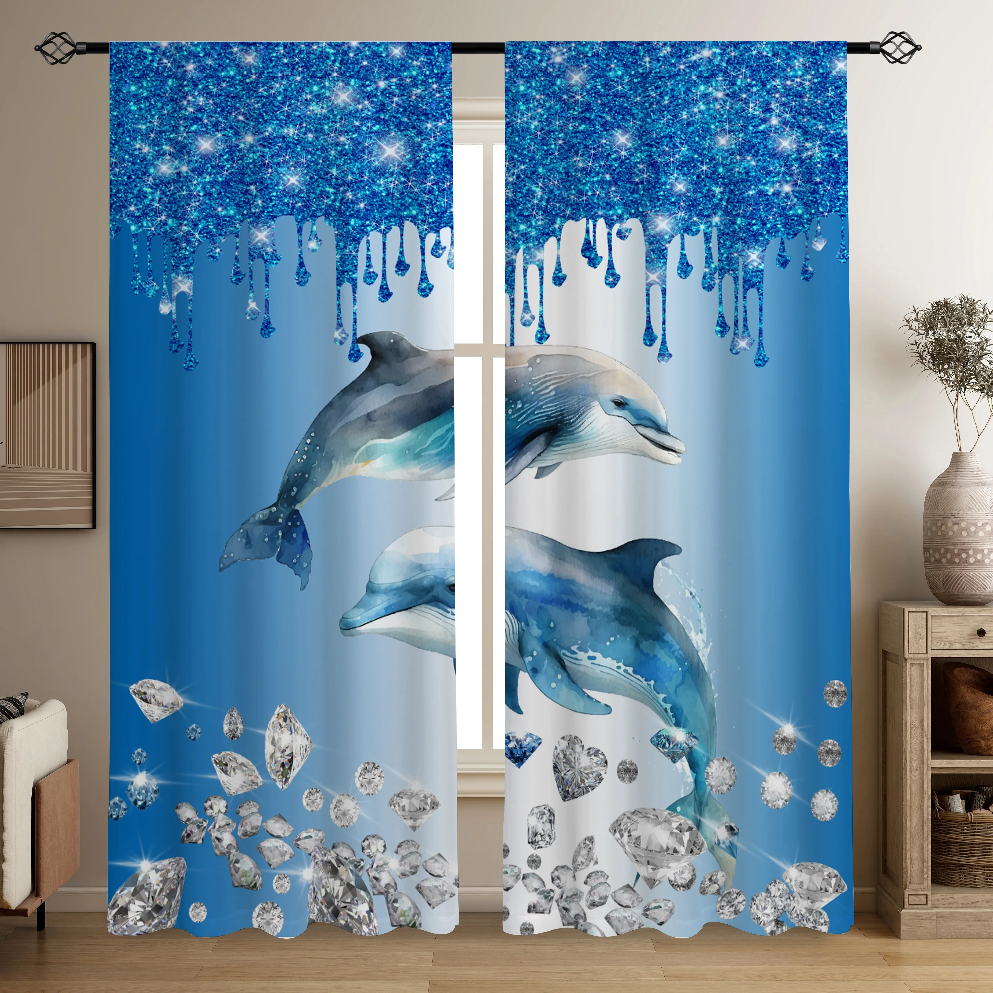 2pcs Diamond Dolphin Curtains Ocean Fantasy Print Blackout Drape Living Room Bedroom Window Treatment Home Decor