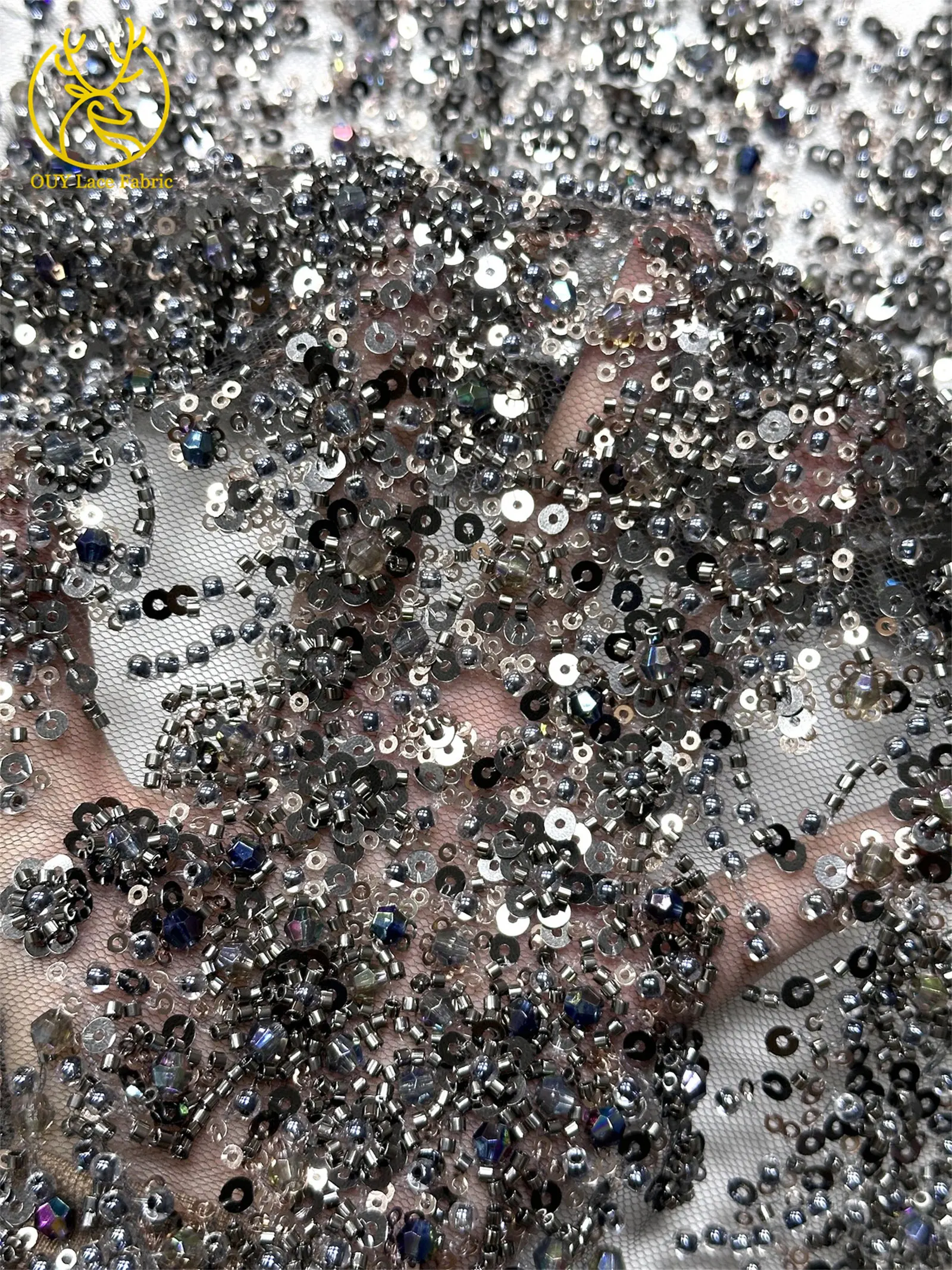 Schwarzer Luxuriöser Afrikanischer Handgefertigter Schwer Perlenverzierter Pailletten-Spitzenstoff 5 Yards Luxuriöser Französischer Tüll-Spitzenstoff für Partykleider – Detail 9