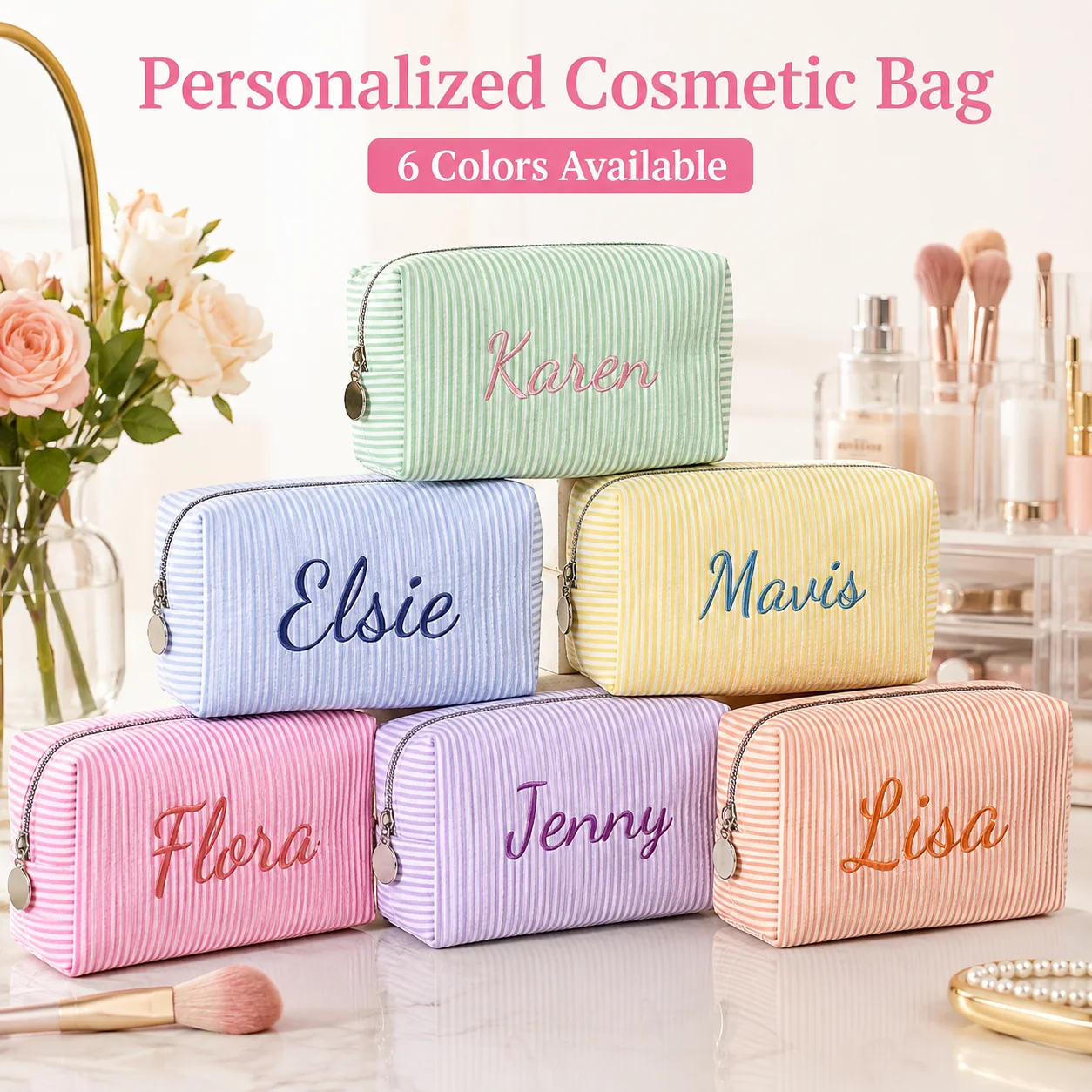 Personalized Name Makeup Bag for Women, Striped Cosmetic Pouch with Zipper, Custom Travel Toiletry Organizer Storage Bag