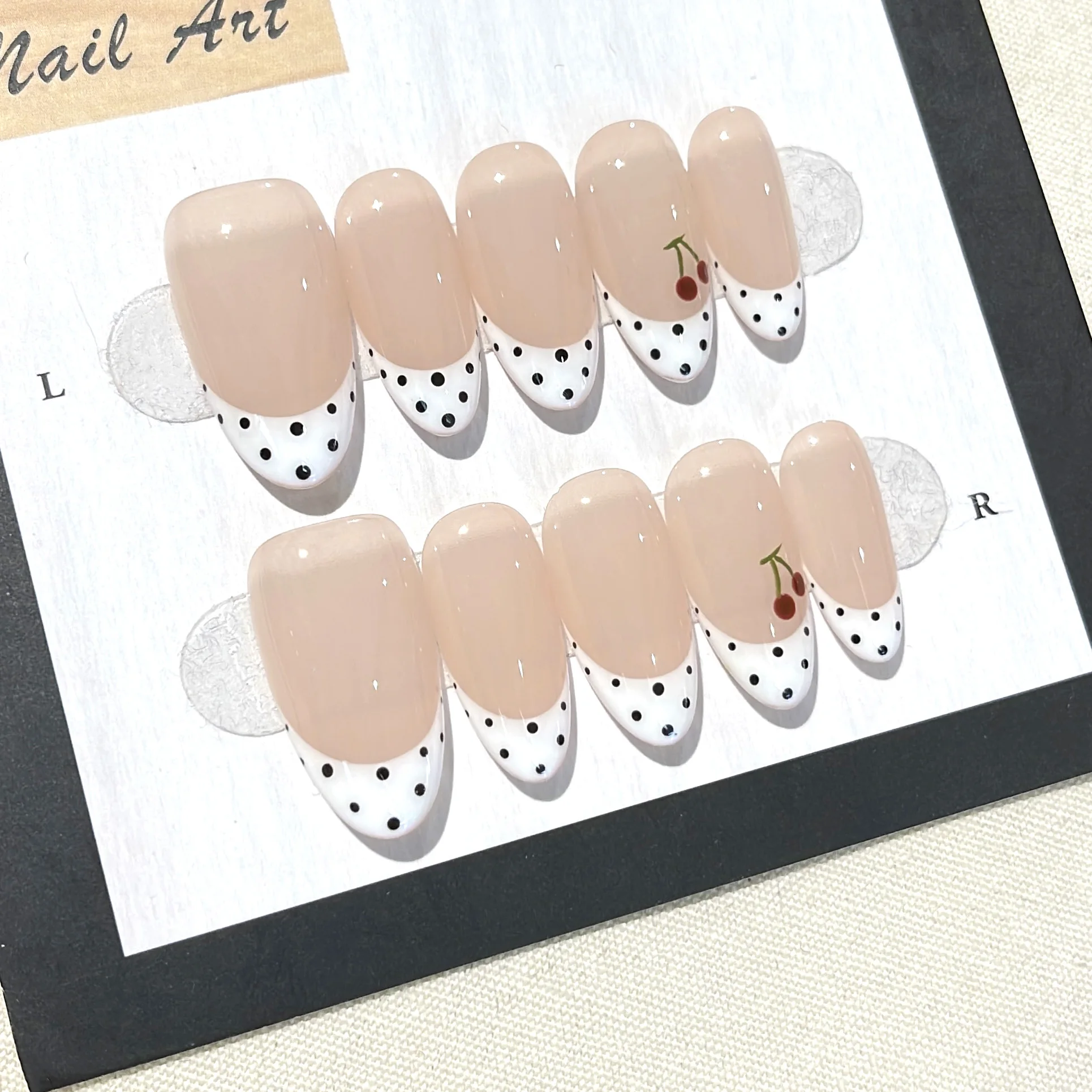 10PCS Original Handcrafted Nude French Press On Nails, Black Polka Dot Cherry Fake Nails For Women Nail Art