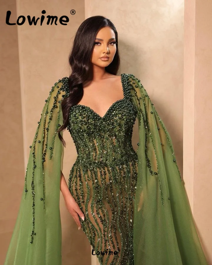 Cape Sleeve Dubai Arabic Pearl Beaded Long Evening Dresses Women Luxury Mermaid Party Gowns Custom 2023 Blue Orange Green Robes