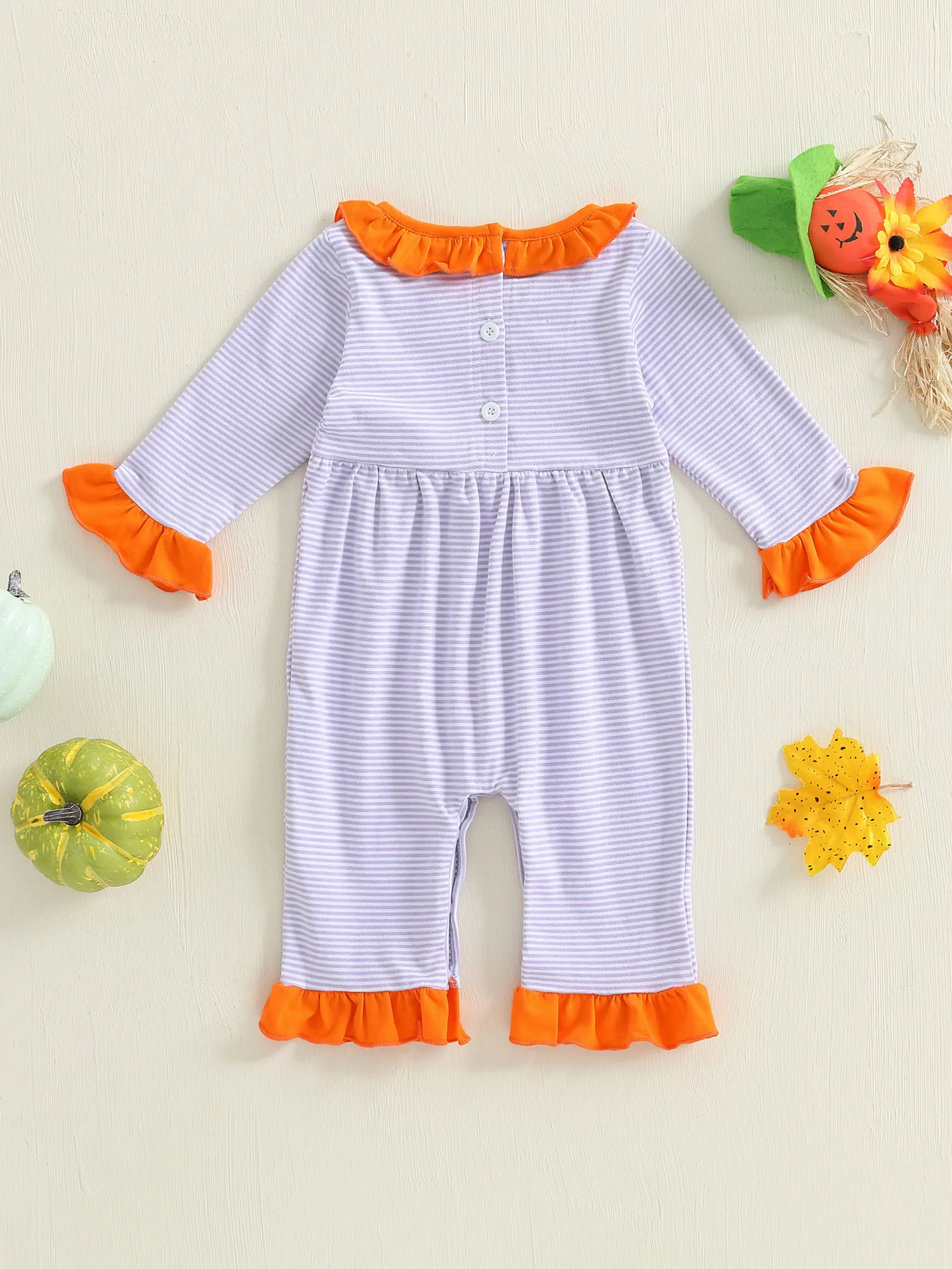 

Toddler Halloween Costume Long Sleeve Round Neck Stripes Print Ruffle Jumpsuit Baby Girl Romper Infant Pajamas Set