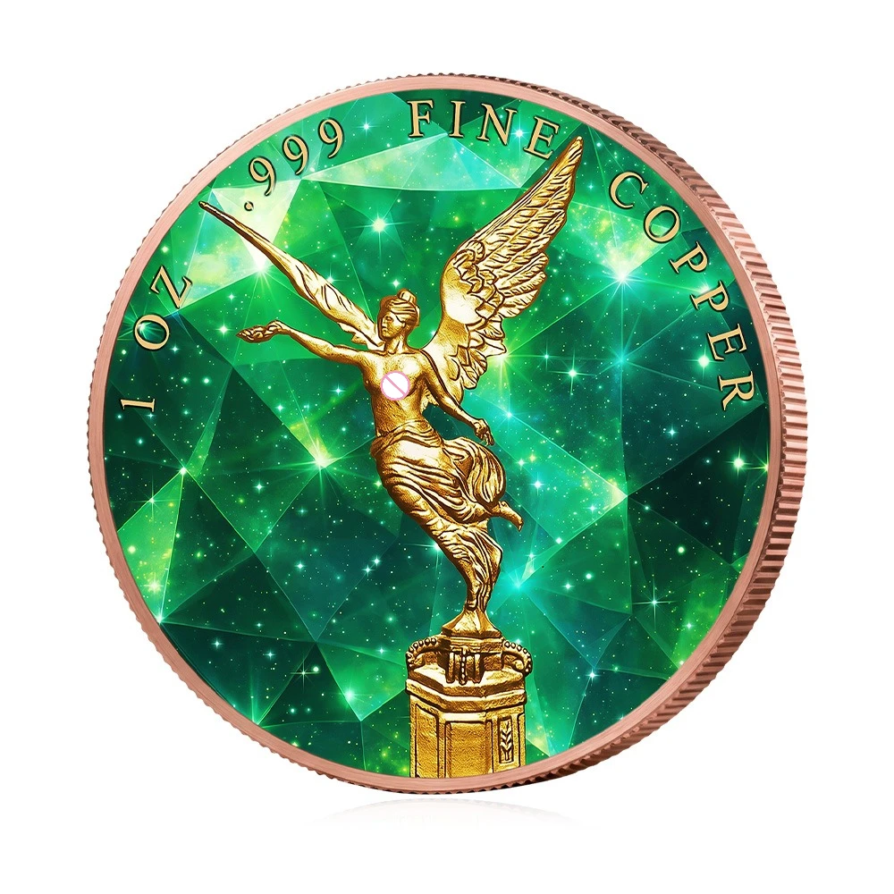 5oz/1oz .999 Fine Copper Mexican Libertad Commemorative Coin Green Crystal Gold Plated Angel Statue Collectible Medal Souvenir