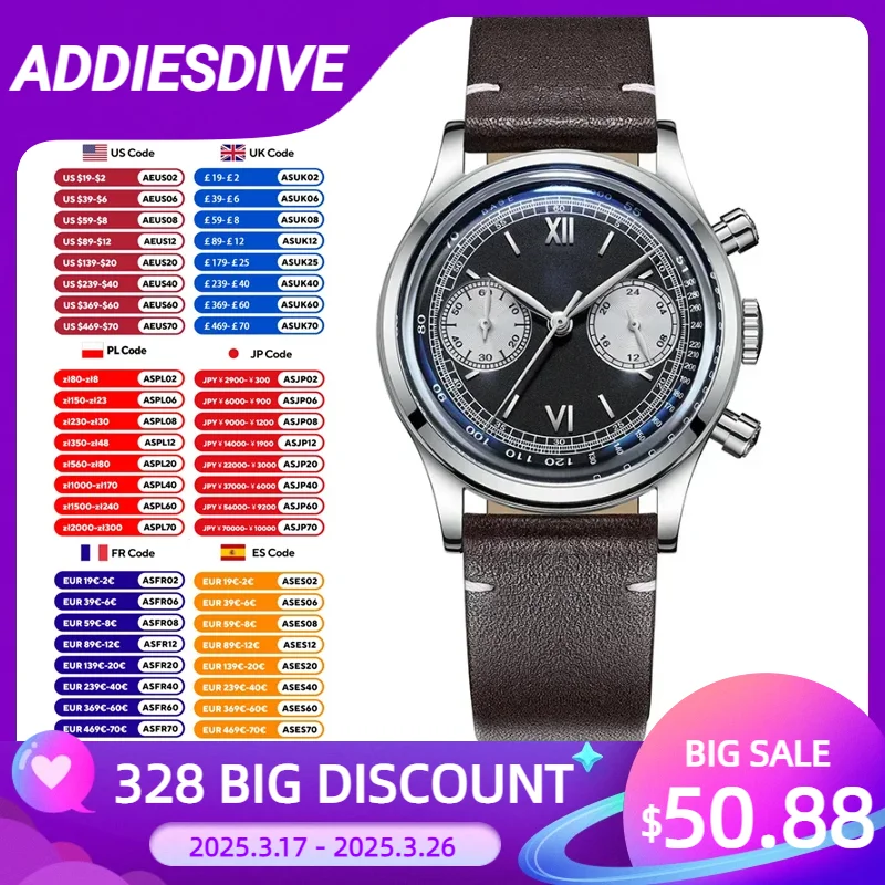 ADDIESDIVE Fashion VK64 Movement Quartz Wristwatch Business Chronograph Black Dial Watch For Men 100m Dive Watches Reloj Hombre