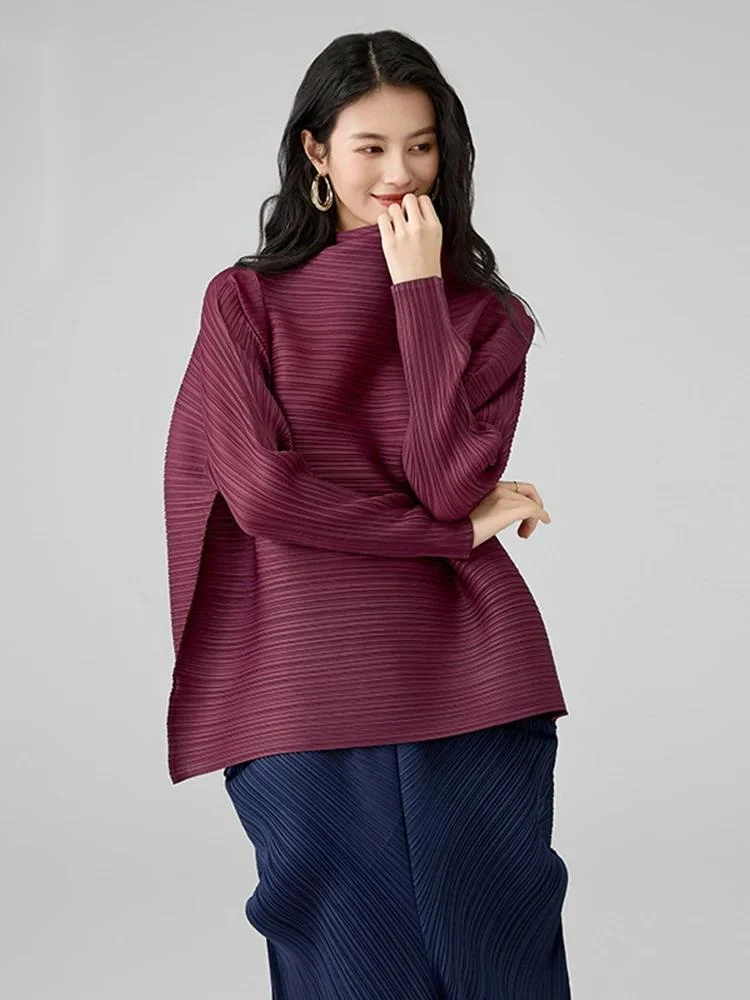 Maroon 2025 New Pleated Women's T-shirt Casual Style Long Sleeved A-line Scarf Collar Chic Loose Pullover Tops 2V5Q6