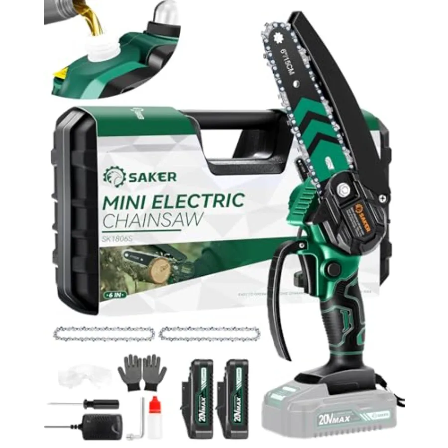 Mini motosega Saker con oliatore automatico Motoseghe da 6 pollici [2025 aggiornato] Mini motosega elettrica a batteria Piccola catena portatile portatile