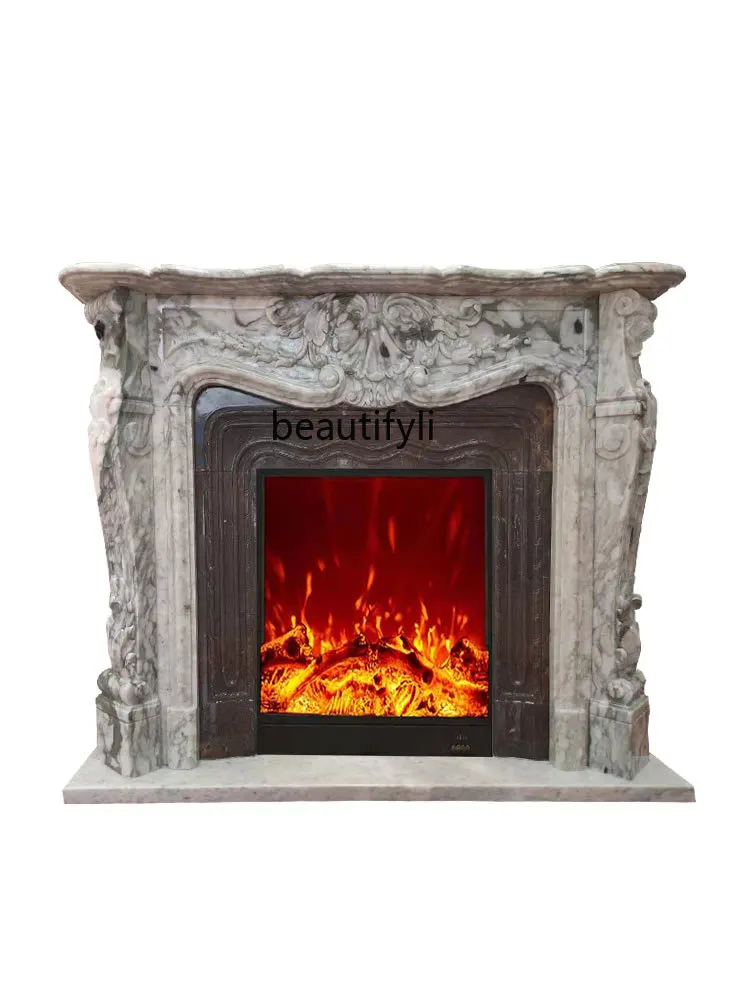 

Stone carving marble large white flower European carved fireplace frame living room decoration cabinet customization
