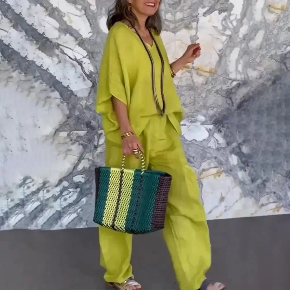 

Летний женский простой повседневный комплект из чистого хлопка и льна с v-образным вырезом, однотонная винтажная футболка, офисный комплект из двух предметов для женской одежды Ne