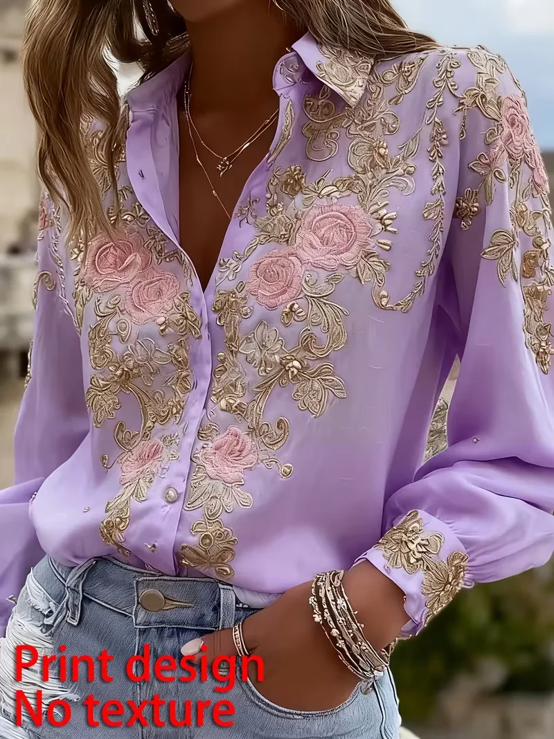 New women's fashion casual loose printed lapel shirt, no texture printing process, suitable for dating and shopping.