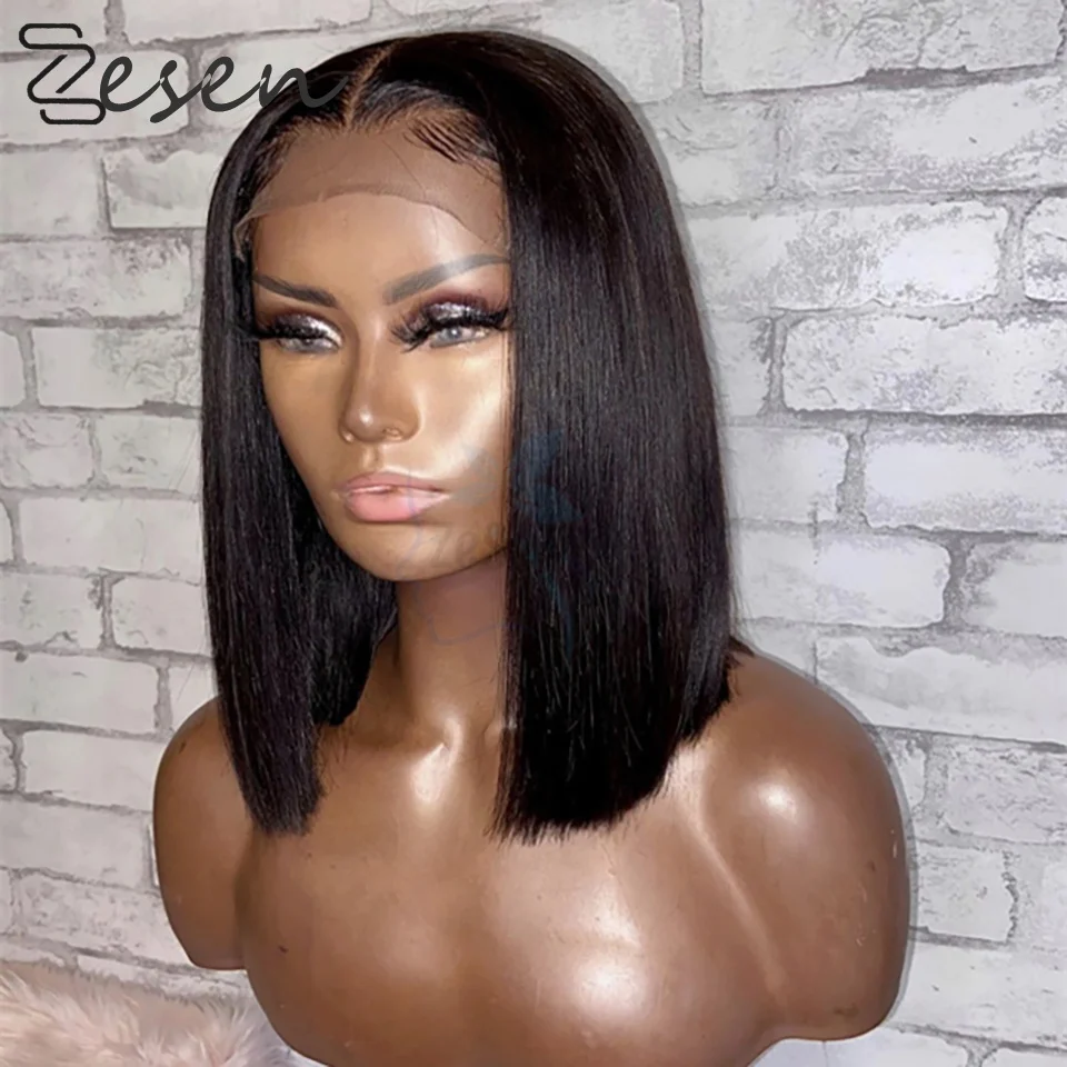 Pelucas Bob negras para mujer, pelo corto y liso, encaje Frontal de seda, Natural, alta temperatura, sintético, fiesta diaria