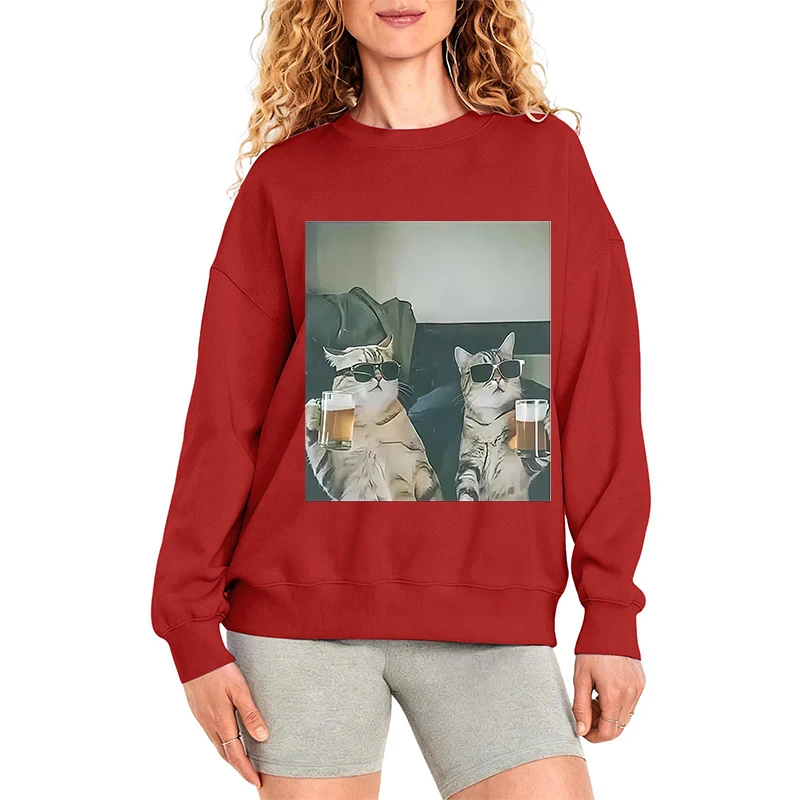 Cool Cat Bere Birra Divertente Meme Felpe con cappuccio per le donne Y2k Stile Streetwear Pullover Felpe Anni '90 Top femminili Abbigliamento unisex