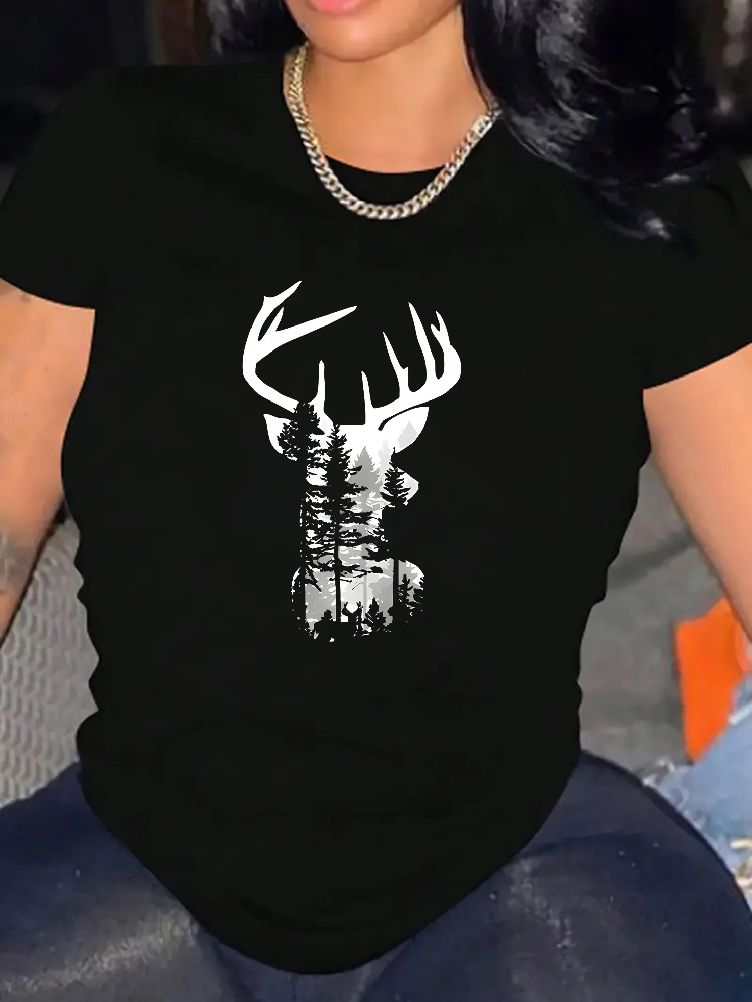 

Forest Stag Graphic Printing Summer Autumn Winter Cotton Men's and Women's T-shirts Short Sleeves Luxury Outdoor Sports Brand