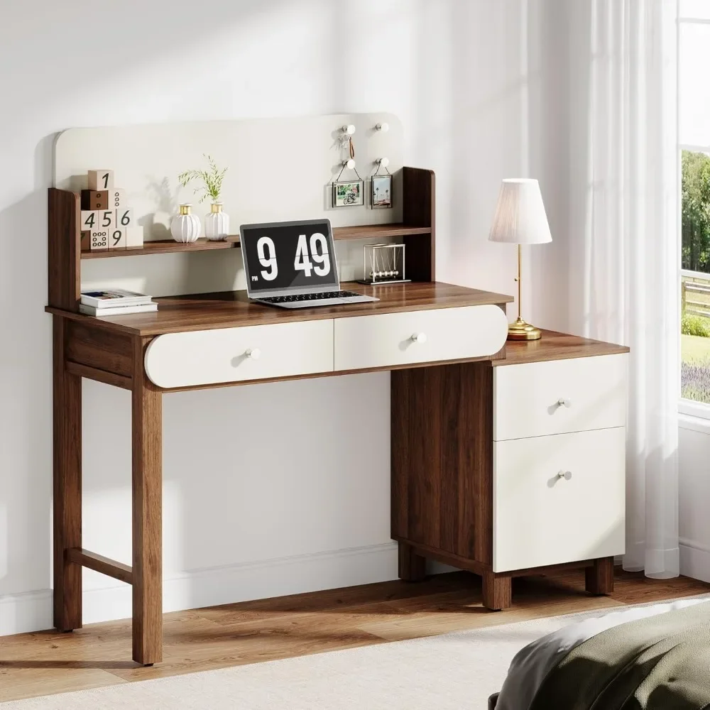 

Computer desk with 4 file drawers, 56 inch office desk with storage space, modern writing study desk with bookshelf and printer