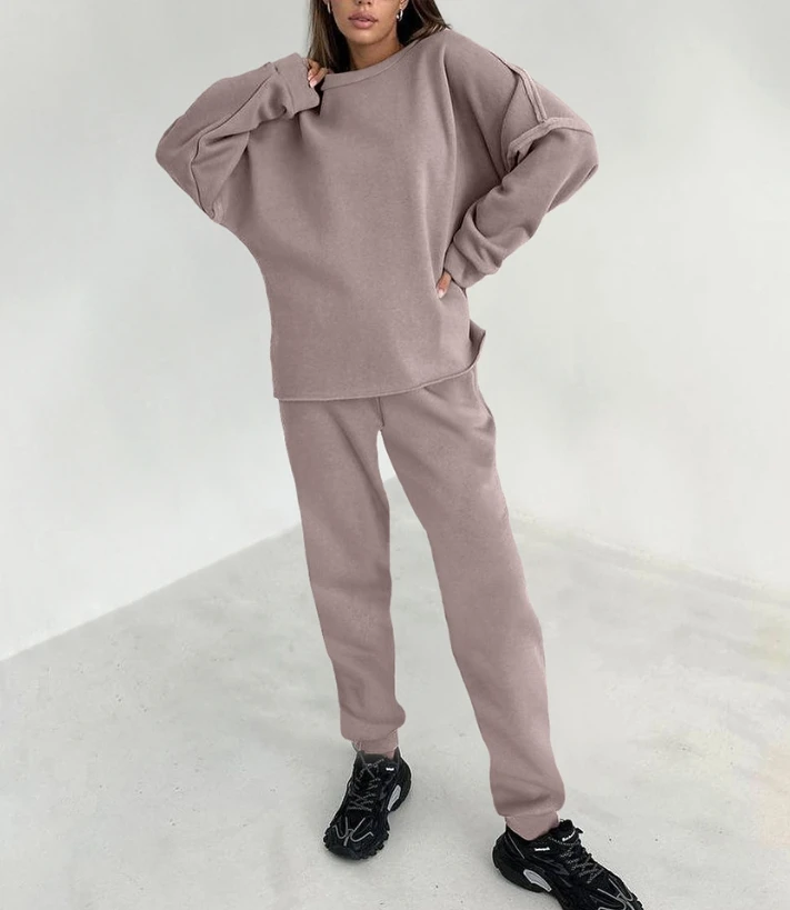 Women Clothing Plush Hoodie Pants Set 2023 Commute Shoulder Length Sleeves Round Neck Sport Plush with High Waist and Pants Set