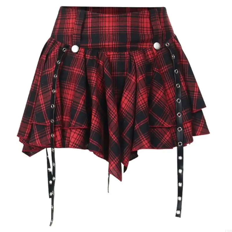 

P88B Women Aesthetic High Waist Checkered Pleated Tiered Eyelets Bandages Mini Skirt