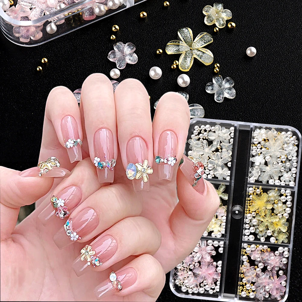 Acrylic Resin Petals Nail Decoration Summer Ice Crystal Five Petals Pearl Embellishment Charm Style 3D Manicure Jewelry LE6G-SFH