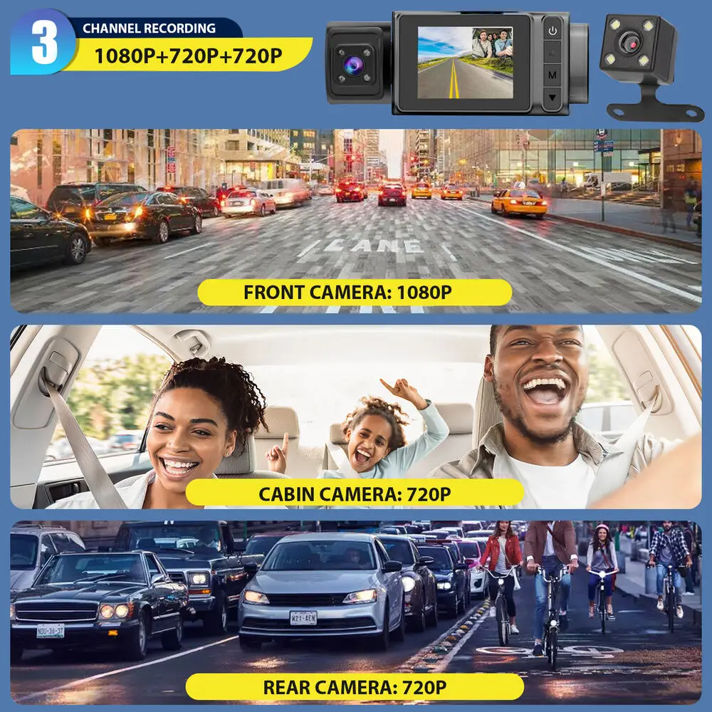 HD 1080P 3Lens Car DVR Dash Cam Camera Video Recorder G-Sensor 170° Night Vision