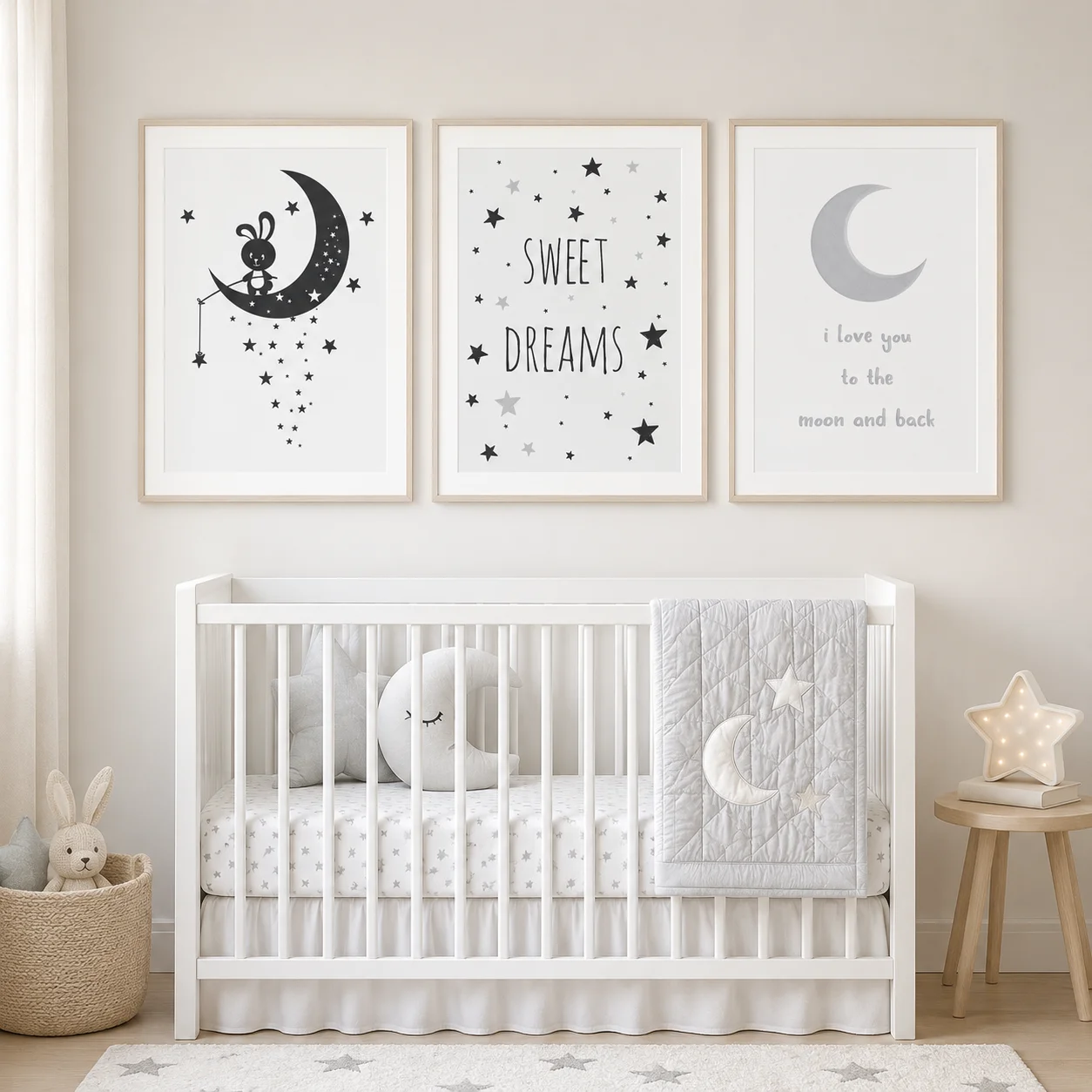 Nursery  Wall Art, Black White Moon Star Canvas Painting, I Love You To The Quotes Poster Print for Kids Boy Girl Bedroom Decor