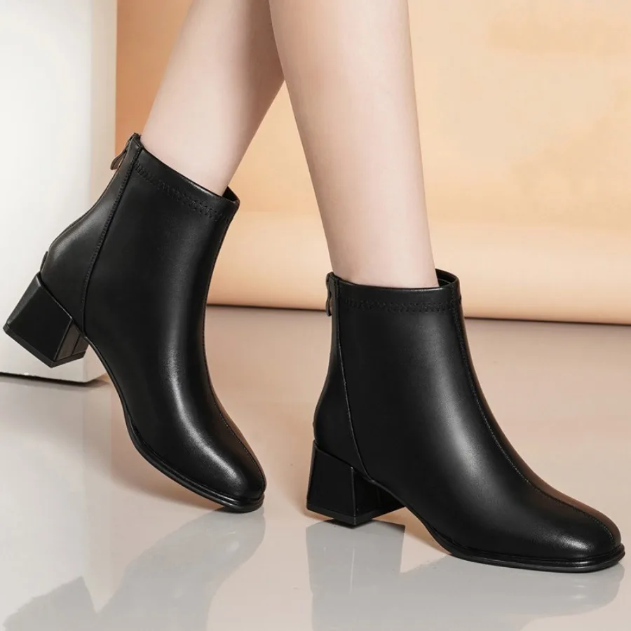 Women\'s Boots Trend 2024 Round Toe Back Zippered Solid Color Mid Heel Shoes Fashionable Spring and Autumn New Models Black Boots