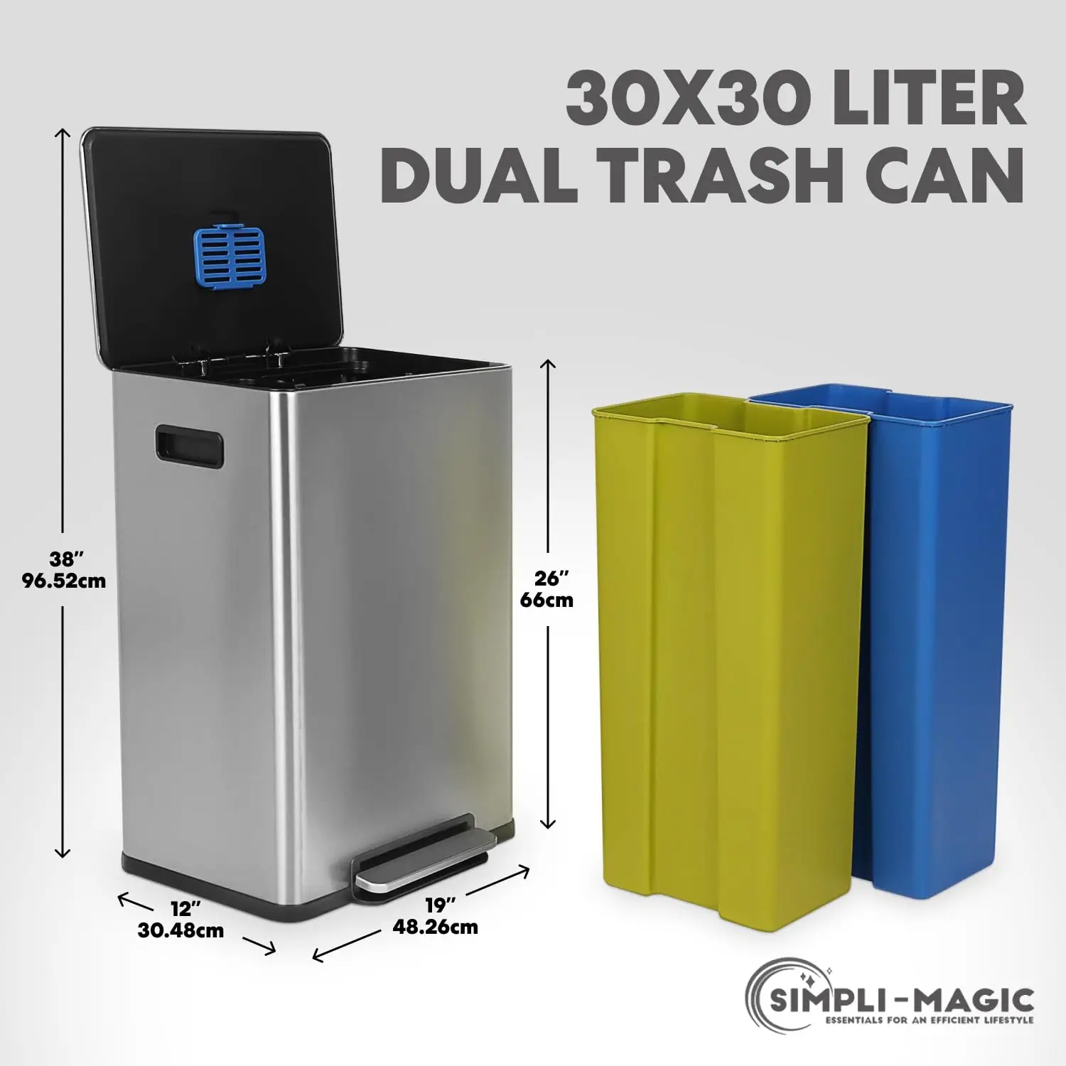 ^16 Gallon (60L) Step Trash Can - Dual Compartment Kitchen Garbage Can - Waste & Recycling Bins, Slow-Close Lid, Odor Control